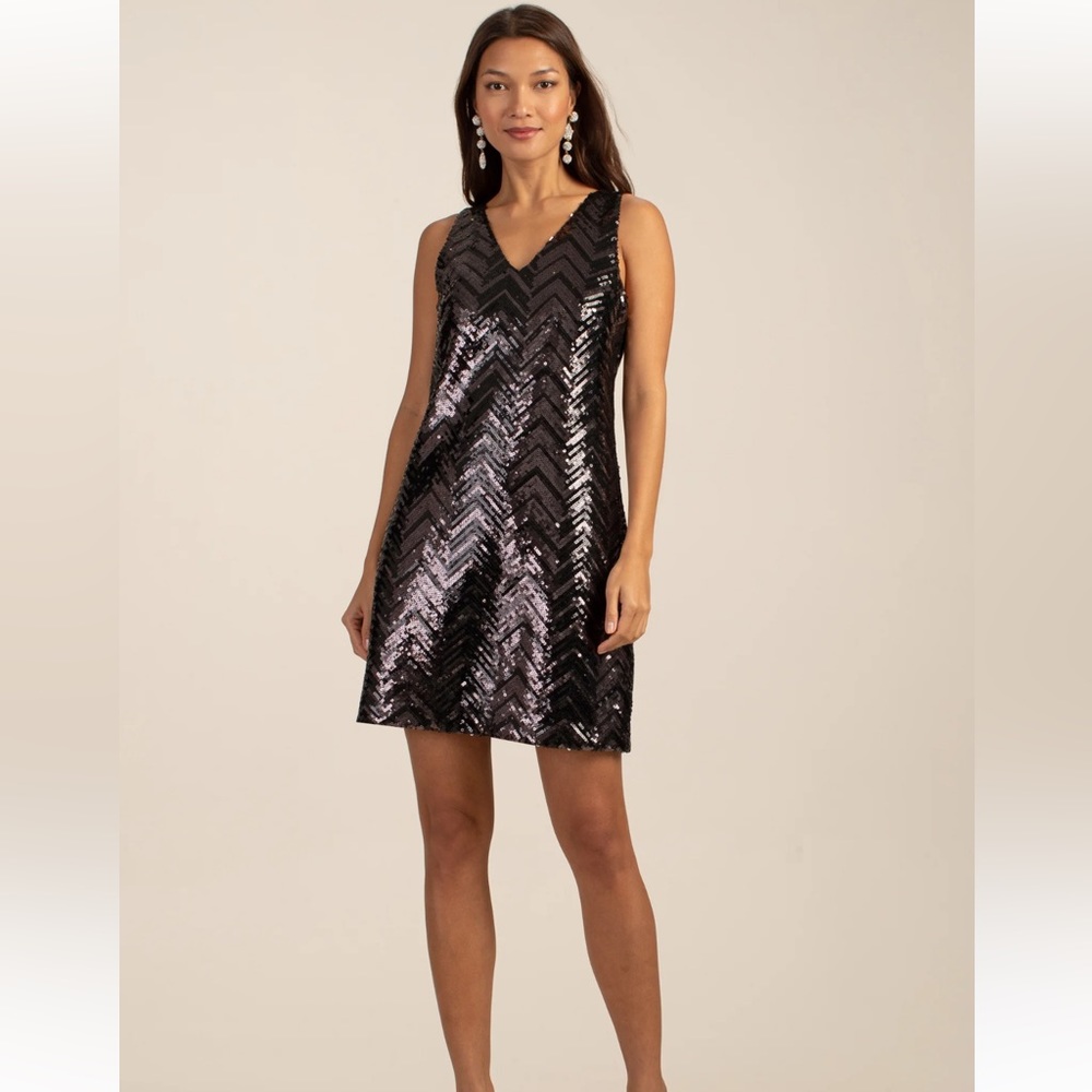 TRINA TURK *Glitterati* black v neck sequin chevron party dress 14